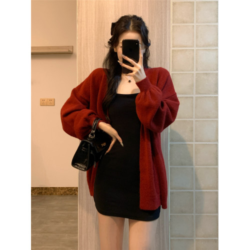 聖誕紅色毛衣外套女寬松慵懶風高級感燈籠袖秋冬外穿披肩針織開衫