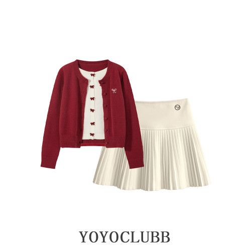 YOYOCLUBB冬季套裝聖誕紅色假兩件毛衣顯瘦高腰百褶半身裙兩件套 YOYOCLUBB冬季套裝聖誕紅色假兩件毛衣顯瘦高腰百褶半身裙兩件套