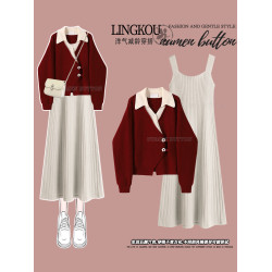 大碼春秋聖誕紅色針織襯衫韓系顯瘦氣質連衣裙套裝女高級感兩件套