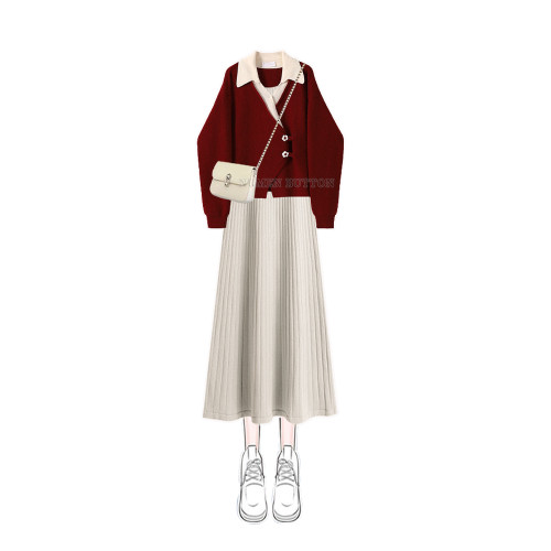 大碼春秋聖誕紅色針織襯衫韓系顯瘦氣質連衣裙套裝女高級感兩件套