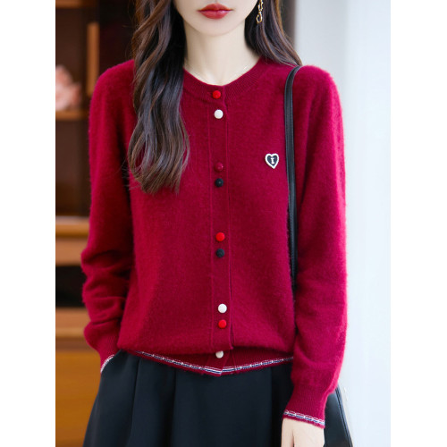 洋氣短款綉花羊毛衫女秋冬新款純羊毛彩色釦子針織開衫聖誕紅外套 洋氣短款綉花羊毛衫女秋冬新款純羊毛彩色釦子針織開衫聖誕紅外套