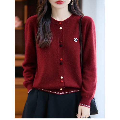 洋氣短款綉花羊毛衫女秋冬新款純羊毛彩色釦子針織開衫聖誕紅外套 洋氣短款綉花羊毛衫女秋冬新款純羊毛彩色釦子針織開衫聖誕紅外套