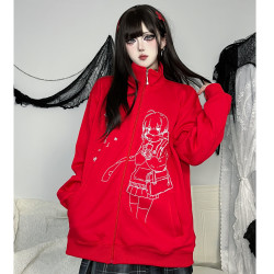 車日時 初雪日聖誕紅原創立領拉鍊外套加絨日系萌感宅宅