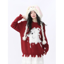 AONW慵懶風小幽靈不規則毛衣寬松休閒外套聖誕紅色針織衫上衣女