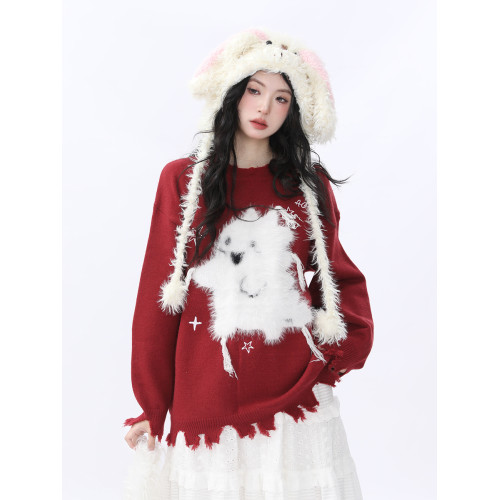 AONW慵懶風小幽靈不規則毛衣寬松休閒外套聖誕紅色針織衫上衣女 AONW慵懶風小幽靈不規則毛衣寬松休閒外套聖誕紅色針織衫上衣女