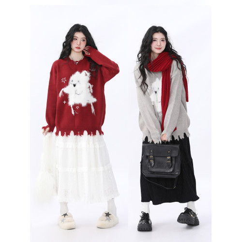 AONW慵懶風小幽靈不規則毛衣寬松休閒外套聖誕紅色針織衫上衣女 AONW慵懶風小幽靈不規則毛衣寬松休閒外套聖誕紅色針織衫上衣女