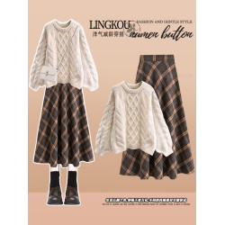 大碼春秋氣質套裝裙女聖誕紅色跨年針織毛衣高腰格子半身裙兩件套