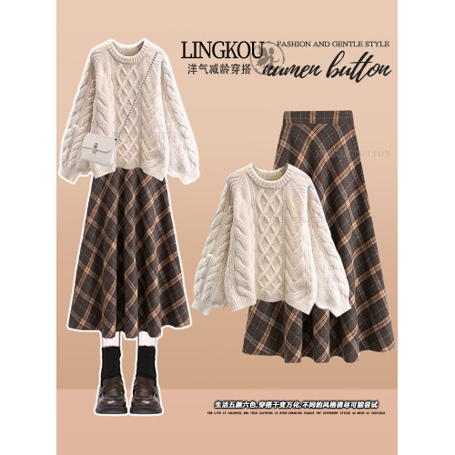 大碼春秋氣質套裝裙女聖誕紅色跨年針織毛衣高腰格子半身裙兩件套 大碼春秋氣質套裝裙女聖誕紅色跨年針織毛衣高腰格子半身裙兩件套