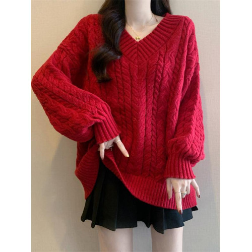 過年聖誕紅色V領正肩毛衣女2025春新款大碼胖mm慵懶風麻花針織衫 過年聖誕紅色V領正肩毛衣女2025春新款大碼胖mm慵懶風麻花針織衫