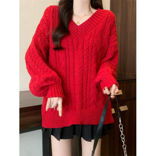 過年聖誕紅色V領正肩毛衣女2025春新款大碼胖mm慵懶風麻花針織衫 過年聖誕紅色V領正肩毛衣女2025春新款大碼胖mm慵懶風麻花針織衫