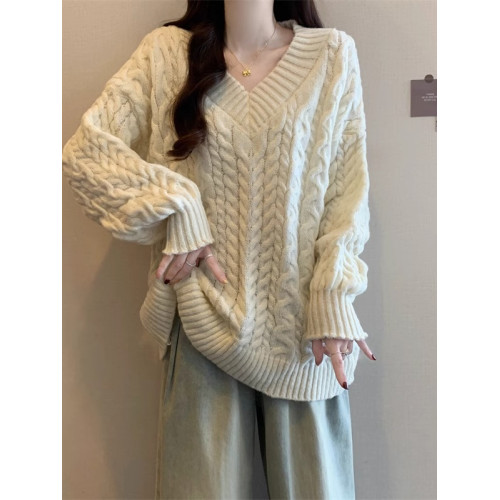 過年聖誕紅色V領正肩毛衣女2025春新款大碼胖mm慵懶風麻花針織衫 過年聖誕紅色V領正肩毛衣女2025春新款大碼胖mm慵懶風麻花針織衫