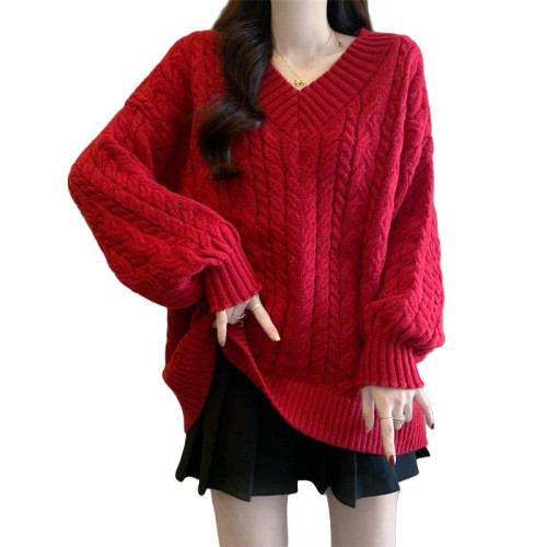 過年聖誕紅色V領正肩毛衣女2025春新款大碼胖mm慵懶風麻花針織衫 過年聖誕紅色V領正肩毛衣女2025春新款大碼胖mm慵懶風麻花針織衫