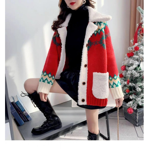 聖誕紅色開衫毛衣女2025年秋冬新款寬松外穿加厚慵懶風羊羔毛外套