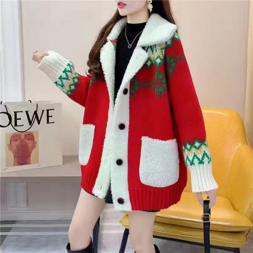 聖誕紅色開衫毛衣女2025年秋冬新款寬松外穿加厚慵懶風羊羔毛外套