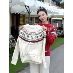 100%全棉線費爾島聖誕紅彩色圓領寬松針織衫女士單穿百搭加厚毛衣