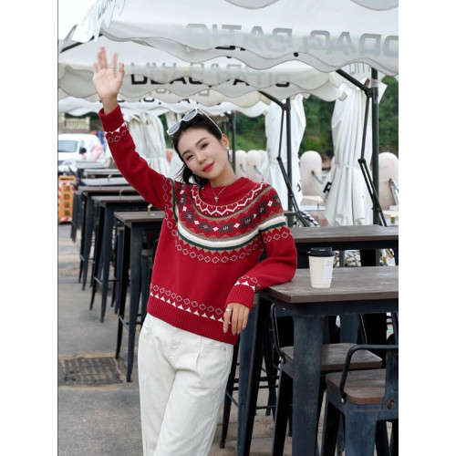 100%全棉線費爾島聖誕紅彩色圓領寬松針織衫女士單穿百搭加厚毛衣 100%全棉線費爾島聖誕紅彩色圓領寬松針織衫女士單穿百搭加厚毛衣