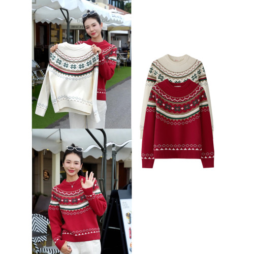 100%全棉線費爾島聖誕紅彩色圓領寬松針織衫女士單穿百搭加厚毛衣 100%全棉線費爾島聖誕紅彩色圓領寬松針織衫女士單穿百搭加厚毛衣