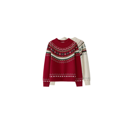 100%全棉線費爾島聖誕紅彩色圓領寬松針織衫女士單穿百搭加厚毛衣 100%全棉線費爾島聖誕紅彩色圓領寬松針織衫女士單穿百搭加厚毛衣