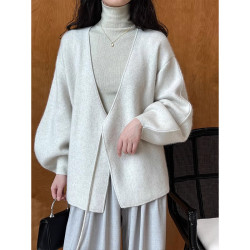 秋冬本命年聖誕紅色針織開衫毛衣外套女浣熊絨燈籠袖寬松慵懶上衣