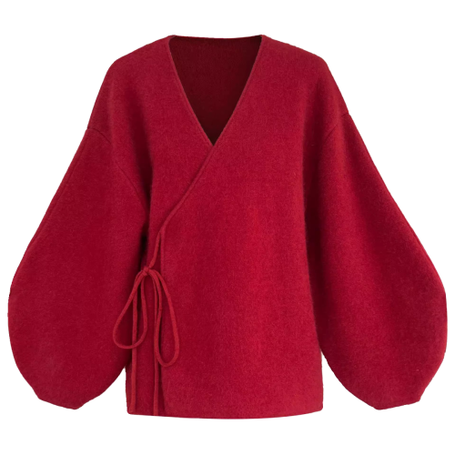 秋冬本命年聖誕紅色針織開衫毛衣外套女浣熊絨燈籠袖寬松慵懶上衣