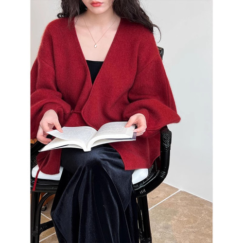 秋冬本命年聖誕紅色針織開衫毛衣外套女浣熊絨燈籠袖寬松慵懶上衣