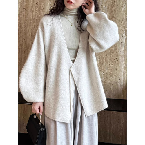 秋冬本命年聖誕紅色針織開衫毛衣外套女浣熊絨燈籠袖寬松慵懶上衣