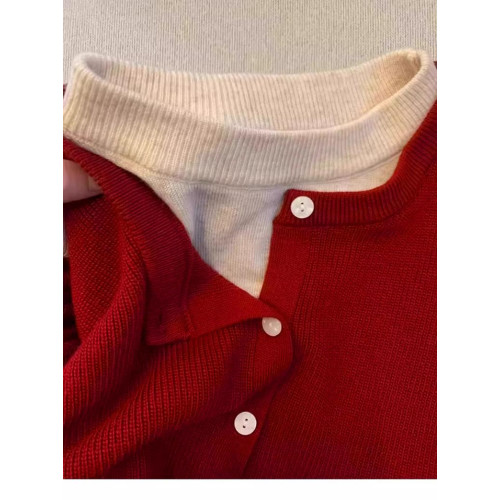 新年紅色高級感假兩件聖誕紅針織衫女秋冬慵懶風圓領打底內搭毛衣