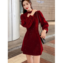 聖誕紅年會連衣裙女秋冬赫本風名媛氣質高級感小個子法式收腰裙子