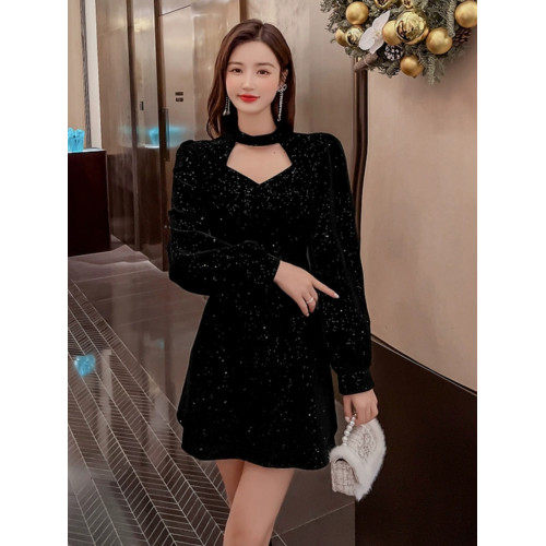 聖誕紅年會連衣裙女秋冬赫本風名媛氣質高級感小個子法式收腰裙子