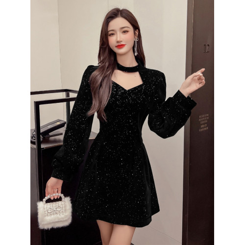 聖誕紅年會連衣裙女秋冬赫本風名媛氣質高級感小個子法式收腰裙子