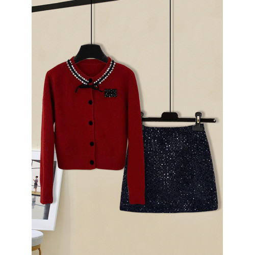 法式減齡小香風女秋冬新年聖誕紅色菱格毛衣開衫亮片短裙兩件套裝 法式減齡小香風女秋冬新年聖誕紅色菱格毛衣開衫亮片短裙兩件套裝