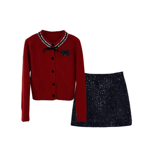 法式減齡小香風女秋冬新年聖誕紅色菱格毛衣開衫亮片短裙兩件套裝 法式減齡小香風女秋冬新年聖誕紅色菱格毛衣開衫亮片短裙兩件套裝