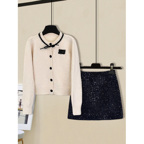 法式減齡小香風女秋冬新年聖誕紅色菱格毛衣開衫亮片短裙兩件套裝 法式減齡小香風女秋冬新年聖誕紅色菱格毛衣開衫亮片短裙兩件套裝