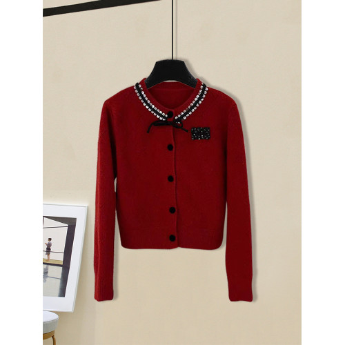 法式減齡小香風女秋冬新年聖誕紅色菱格毛衣開衫亮片短裙兩件套裝 法式減齡小香風女秋冬新年聖誕紅色菱格毛衣開衫亮片短裙兩件套裝