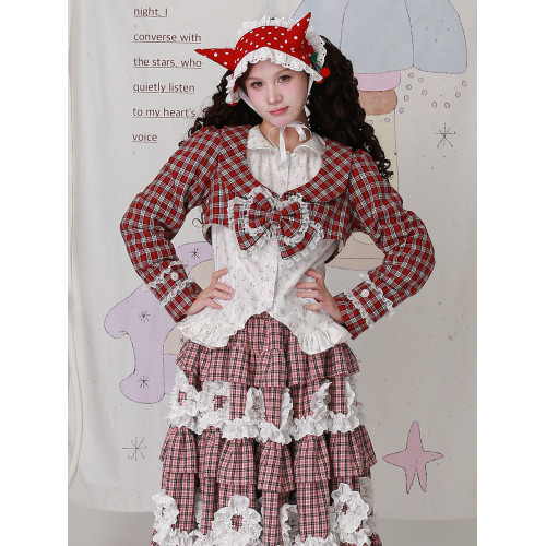 MEME原創 日系昭和復古聖誕紅格小衆上衣 可愛少女蝴蝶結長袖外套 MEME原創 日系昭和復古聖誕紅格小衆上衣 可愛少女蝴蝶結長袖外套