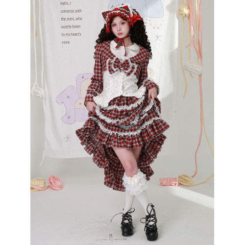 MEME原創 日系昭和復古聖誕紅格小衆上衣 可愛少女蝴蝶結長袖外套 MEME原創 日系昭和復古聖誕紅格小衆上衣 可愛少女蝴蝶結長袖外套