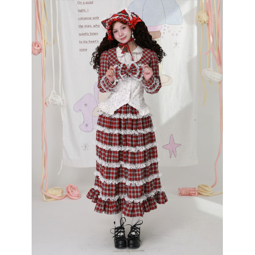 MEME原創 日系昭和復古聖誕紅格小衆上衣 可愛少女蝴蝶結長袖外套 MEME原創 日系昭和復古聖誕紅格小衆上衣 可愛少女蝴蝶結長袖外套