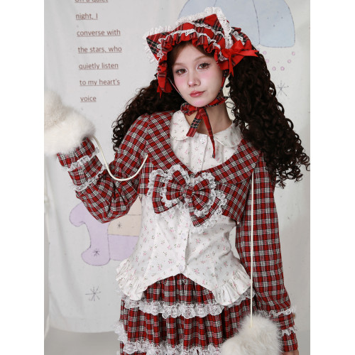 MEME原創 日系昭和復古聖誕紅格小衆上衣 可愛少女蝴蝶結長袖外套 MEME原創 日系昭和復古聖誕紅格小衆上衣 可愛少女蝴蝶結長袖外套