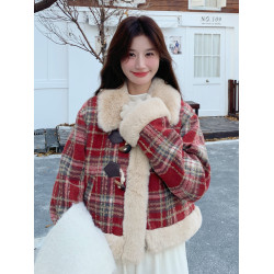 聖誕紅色格紋牛角釦羊羔毛外套女冬季2025新款小個子短款加絨上衣