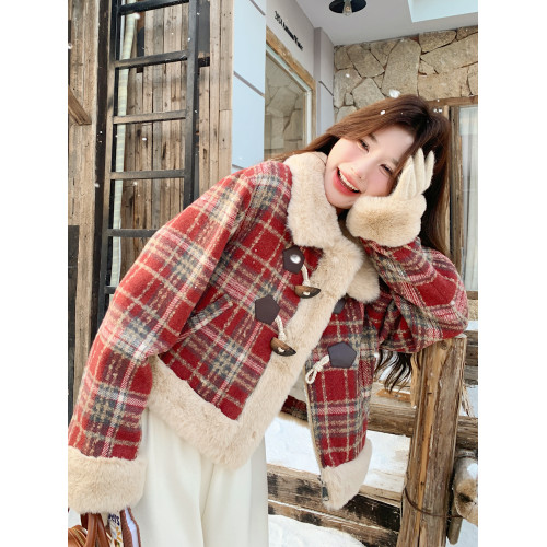 聖誕紅色格紋牛角釦羊羔毛外套女冬季2025新款小個子短款加絨上衣