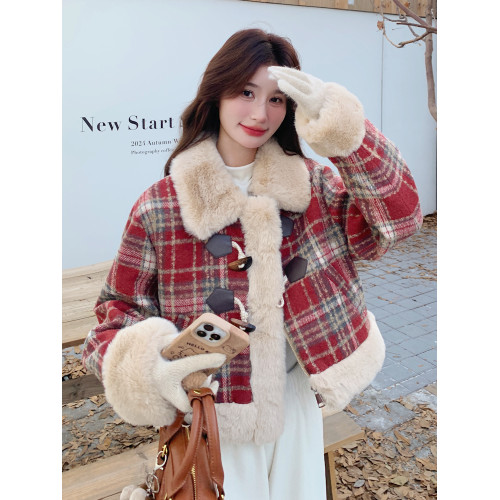 聖誕紅色格紋牛角釦羊羔毛外套女冬季2025新款小個子短款加絨上衣