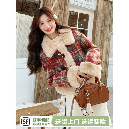 聖誕紅色格紋牛角釦羊羔毛外套女冬季2025新款小個子短款加絨上衣