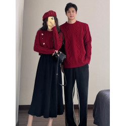 高級感情侶裝秋冬裝2025新款過年聖誕紅色毛衣連衣裙套裝一裙一衣