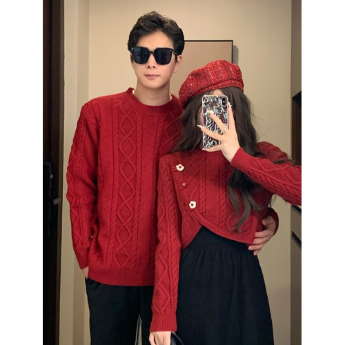 高級感情侶裝秋冬裝2025新款過年聖誕紅色毛衣連衣裙套裝一裙一衣