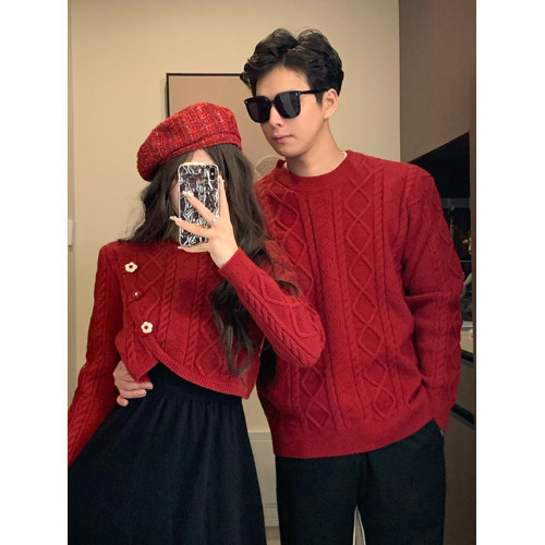 高級感情侶裝秋冬裝2025新款過年聖誕紅色毛衣連衣裙套裝一裙一衣