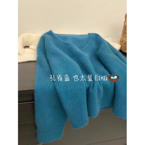 新年聖誕紅色浣熊絨v領毛衣女秋冬軟糯慵懶風針織衫寬松內搭上衣