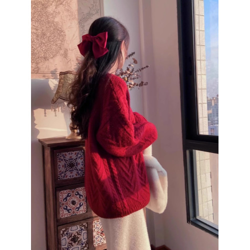 新年車厘子聖誕紅色套頭毛衣寬松慵懶風秋冬加厚麻花本命年外穿女 新年車厘子聖誕紅色套頭毛衣寬松慵懶風秋冬加厚麻花本命年外穿女