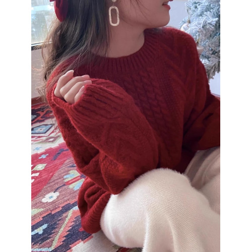 新年車厘子聖誕紅色套頭毛衣寬松慵懶風秋冬加厚麻花本命年外穿女 新年車厘子聖誕紅色套頭毛衣寬松慵懶風秋冬加厚麻花本命年外穿女