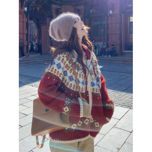 聖誕紅復古印花撞色連帽費爾島毛領針織外套女秋冬2025新韓系氣質 聖誕紅復古印花撞色連帽費爾島毛領針織外套女秋冬2025新韓系氣質