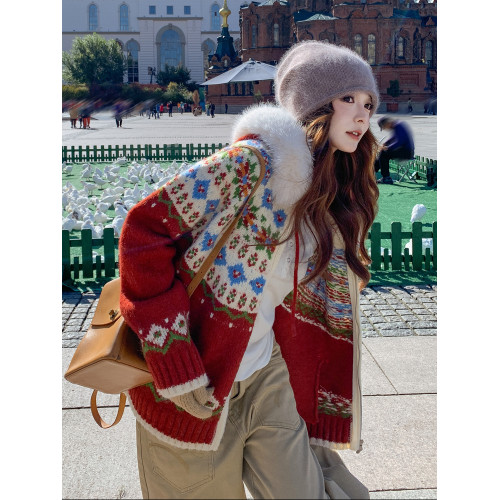 聖誕紅復古印花撞色連帽費爾島毛領針織外套女秋冬2025新韓系氣質 聖誕紅復古印花撞色連帽費爾島毛領針織外套女秋冬2025新韓系氣質